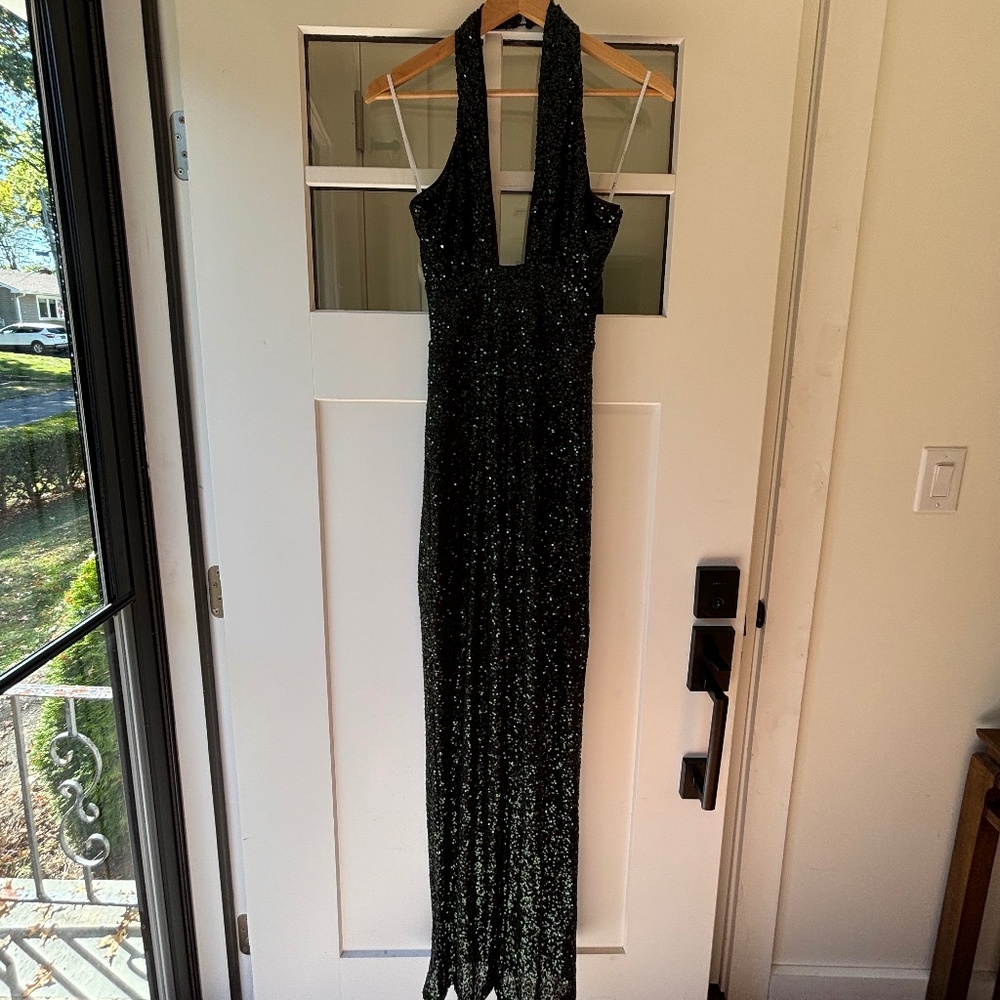 Lulus "Halter Ego" Emerald Green Sequin Cutout Halter Wide-Leg Jumpsuit